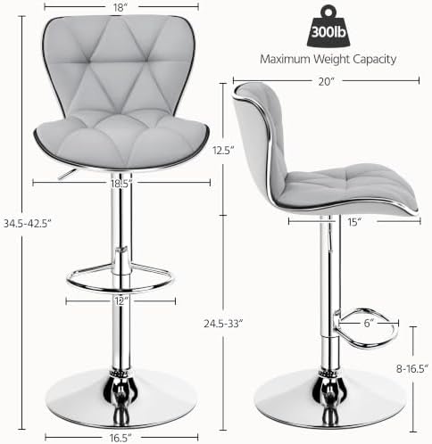 Yaheetech Bar Stools Set of 2 Modern Swivel Counter Barstools Light Gray