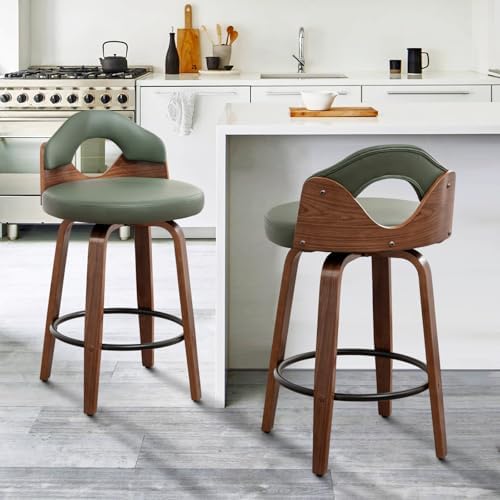 25.2" Swivel Bar Stools Set of 2,Mid Century Modern Faux Leather Barstoo...