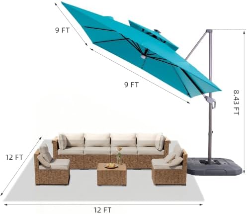 9x9 FT Cantilever Offset Patio Umbrella with Lights & Base