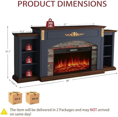 BLANKSPACE 80" Fireplace TV Stand Fits TVs up to 90 Inch,Navy Blue Enter...