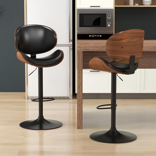KCC Bar Stools for Kitchen Swivel Bentwood Barstools,Set of 2,Black PU