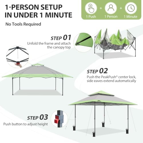 EAGLE PEAK 13x13 Pop Up Canopy Tent, Auto Extended Eaves, Gray