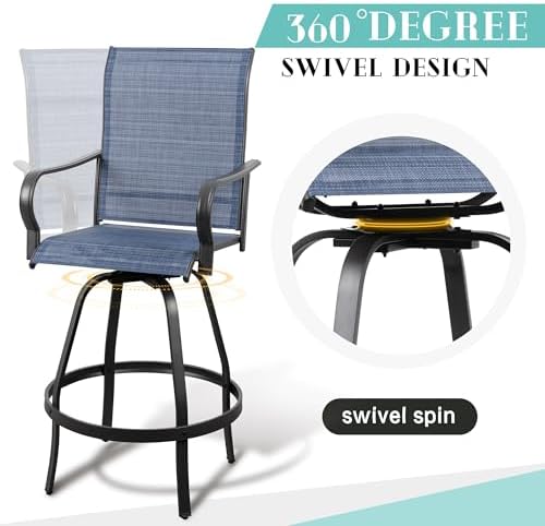 Vongrasig 2 Piece Patio Swivel Bar Chairs, All Weather Metal Textile High Swi...