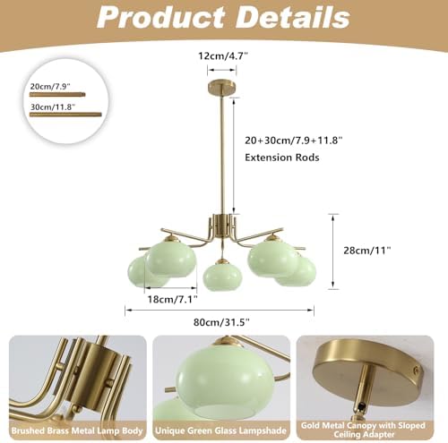 KCO Lighting Green Glass Pendant Light 5 Light Large Globe Chandelier Brushed...