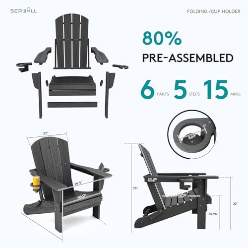 SERWALL Outdoor Adirondack Chair Set of 4 with 2 Cup Holders,Foldable,Grey