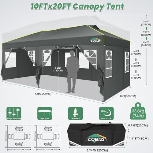 COBIZI 10x20 Pop Up Canopy Tent with 6 Removable Sidewalls, Outdoor, Gray