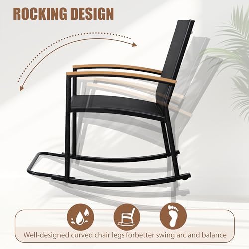 Shintenchi 3 Piece Outdoor Rocking Bistro Set, Textilene Fabric Small Patio F...