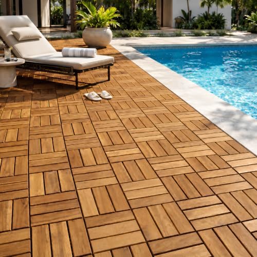THYOI Premium Deck Tiles, 10 Pcs Patio Flooring - Golden Teak - Round Joint
