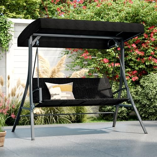 Tangkula 3-Person Wicker Porch Swing, 1000 lbs Max Load, Black