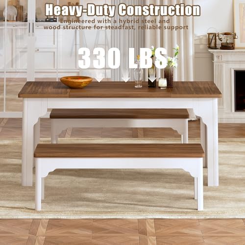 HUAHUU 63" Farmhouse Dining Table Set for 4-6, Kitchen Table with 2 Benc...