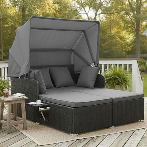 Tangkula Patio Rattan Daybed with Retractable Canopy, Outdoor Wicker Sunbed L...