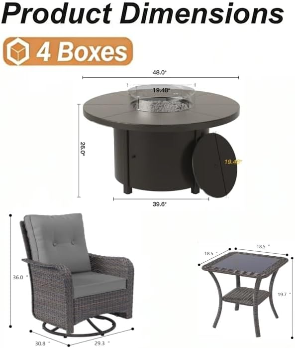 ALAULM 7-Piece Outdoor Swivel Rocking Chair Set with 40,000 BTU Round Fire Pi...