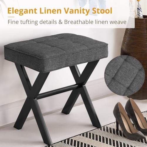 LUE BONA Vanity Stool, Square Linen Makeup Stool with Metal X Legs, Small Ott...