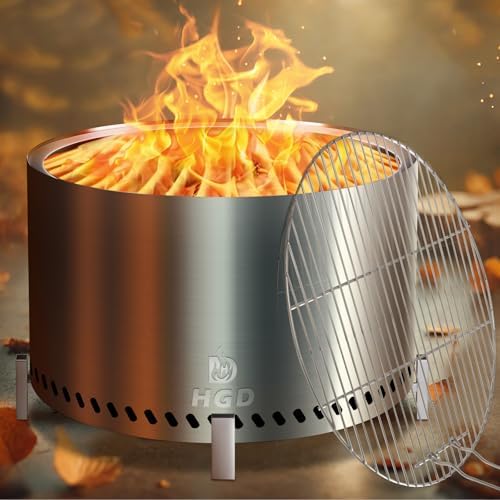 HGD 27.5" Smokeless Fire Pit with Stand & Grill Rack, Large Stainles...