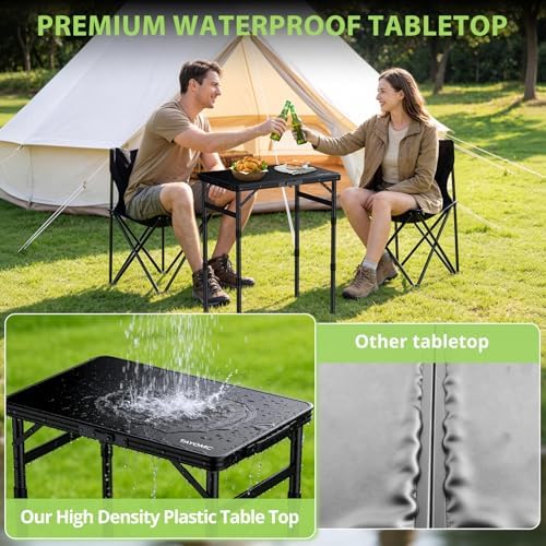 2ft Plastic Folding Camping Table, 3 Adjustable Height Waterproof Small Foldi...