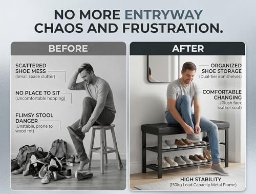Finnhomy Entryway Shoe Rack with Cushioned Seat, Shoe Bench for Entry, 2 Shel...