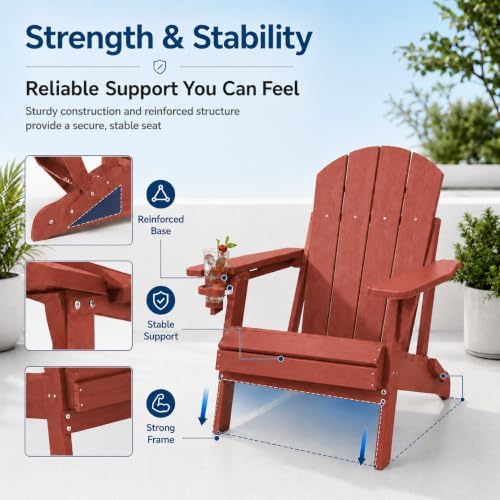 Folding Adirondack Chairs Set of 2 with Cup Holder, Heavy Duty HDPE Plastic O...