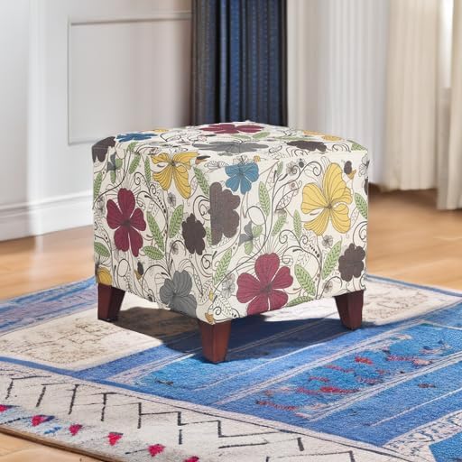 Adeco Floral Printed Linen Ottoman, 16.3" Upholstered Cube Foot Stool wi...