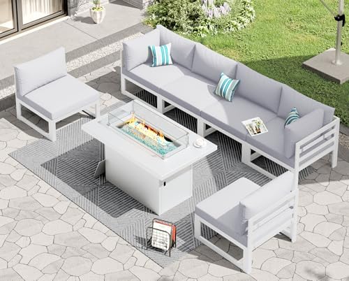 RADIATA 7 Piece Aluminum Patio Furniture Set with Fire Pit Table, White