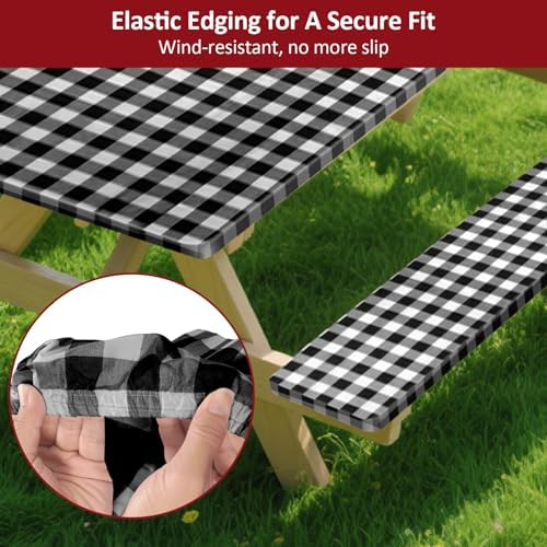 7ft 84" Picnic Table and Bench Cover, 3 Pack, Black-White Checkered