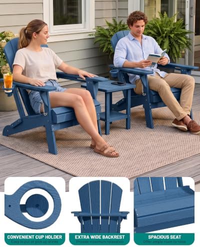 PLUUV Adirondack Chair Set of 2, Fire Pit Chairs with Cup Holder, Navy