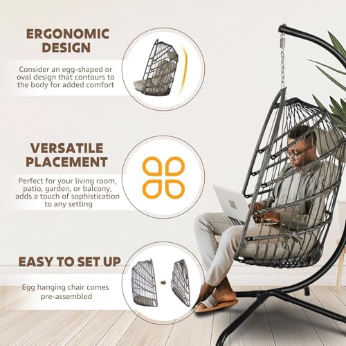 Chihee Egg Chair Foldable Wicker Rattan Hanging Swing Chair Indoor Outdoor Pa...
