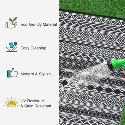 Garvee Outdoor Rug 9x18 Reversible Waterproof Rug for Patio Black/White
