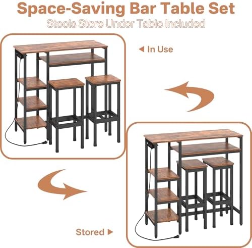 3-Piece Bar Table and Chairs Set,Counter Height Bar Table Set with Power Outl...