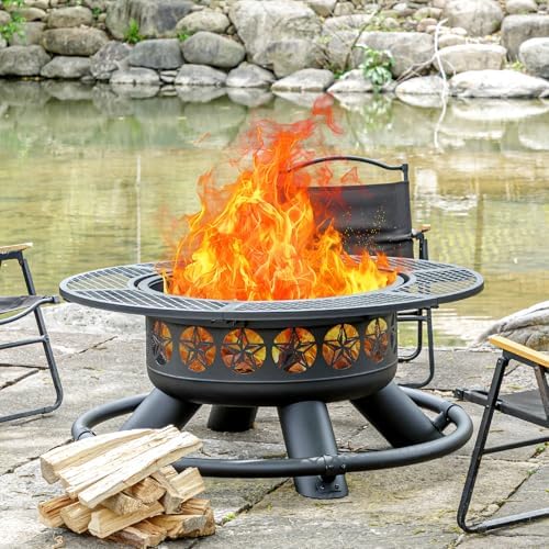 Verdeluxe 47 Inch Outdoor Fire Pit with 2 Grills, Extra Large BBQ Firepits