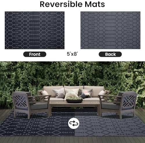 Smiry Outdoor Rug 5x8 ft Waterproof Reversible Boho Mat, Dark Grey