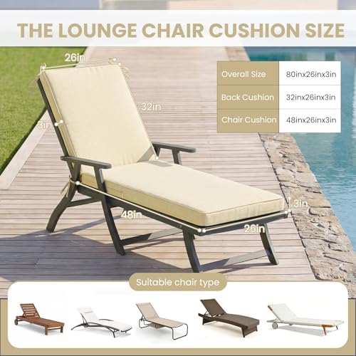 Chaise Lounge Cushions Outdoor, 80 x 26 x 3 Inch Water-Resistant Beige