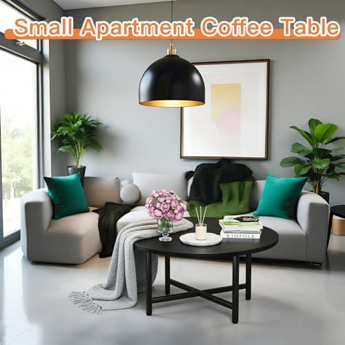 FAMIDGE Coffee Table, 23.6" Round Coffee Table, Black Living Room Tables