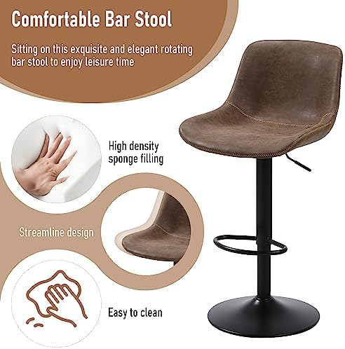 Swivel Bar Stools Set 2, Adjustable Height Suede-Like Leather Brown