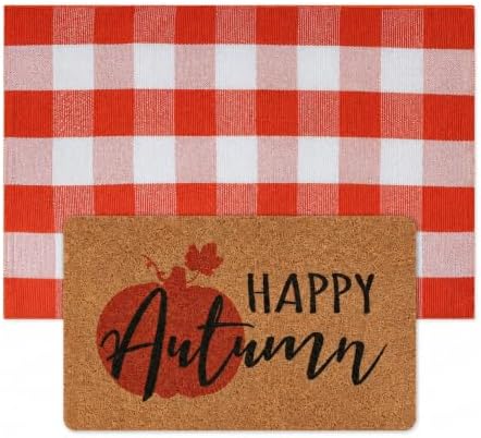 2-Piece Fall Front Door Mat Set, Layered Coir & Orange White Plaid Mats