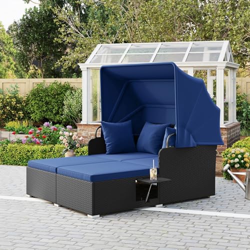 ORALNER Outdoor Daybed, 2-Person Wicker Patio Sofa with Retractable Canopy, C...