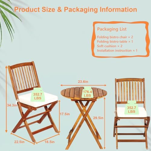 S AFSTAR Bistro Table and Chairs Set of 2, Acacia Wood Folding Bistro Set for...