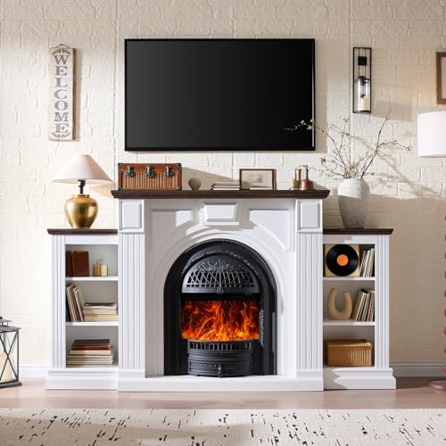 Farmhouse Electric Fireplace with Mantel, 76" Fireplace TV Stand Enterta...