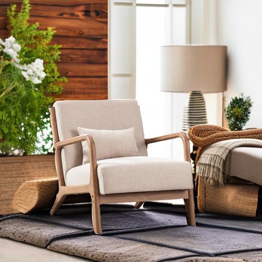 ANJ Mid Century Modern Accent Chair, Comfy Fabric Living Room Chairs with Sol...