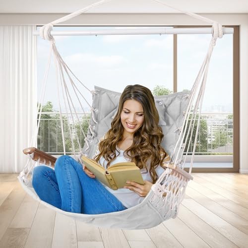 Hammock Chair Hanging Swing with Wooden Armrest;Steel Spreader Bar,Pillows,Ha...