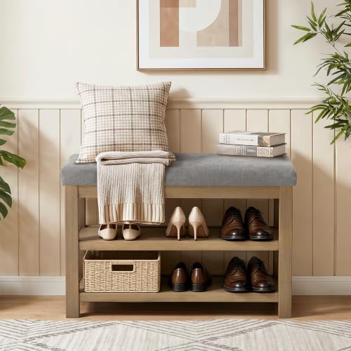 Zihanhome Shoe Rack Bench with Cushion, 2 Tier Solid Wood Storage Bench, Mid-...