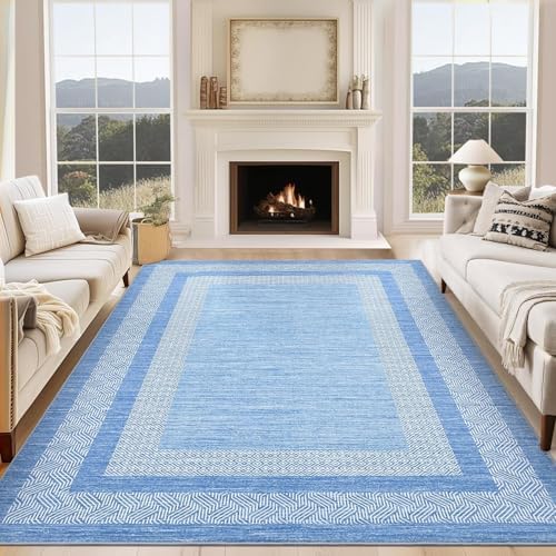 GarveeHome 9x12 Large Modern Light Blue Area Rug Distressed Bordered Soft Non...