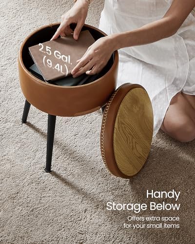 VASAGLE Storage Ottoman, PU Leather Round Seat with Steel Legs