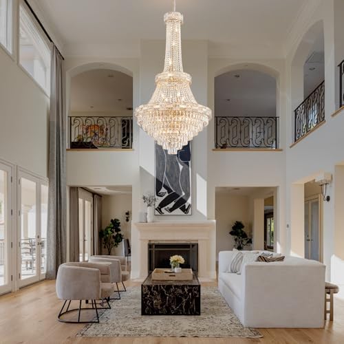 25-Light Gold Crystal Chandelier, 3-Layer High Ceiling Hanging Chandeliers Mo...