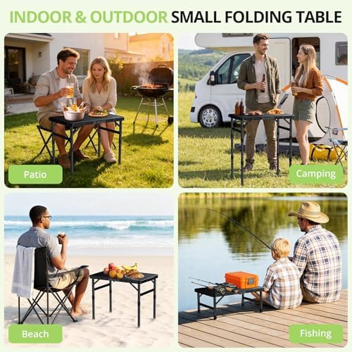 2ft Plastic Folding Camping Table, 3 Adjustable Height Waterproof Small Foldi...