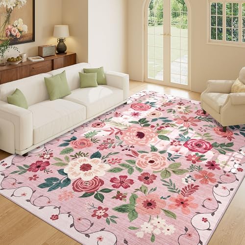 DUKINO 5x7 Area Rugs, Floral Washable Rug for Living Room Non Slip, Pink