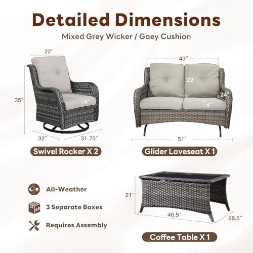 Belord 4 Piece Patio Wicker Furniture Set, Outdoor Swivel Rocker Chairs, All ...