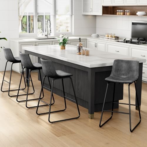 REONEY Bar Stools Set of 3, 26" Urban Faux Leather Counter Stools, Grey