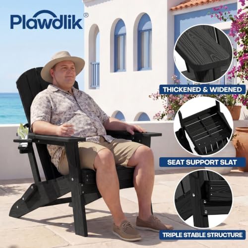 Plawdlik HDPE Folding Adirondack Chair Set of 2 with Cup Holder, Black