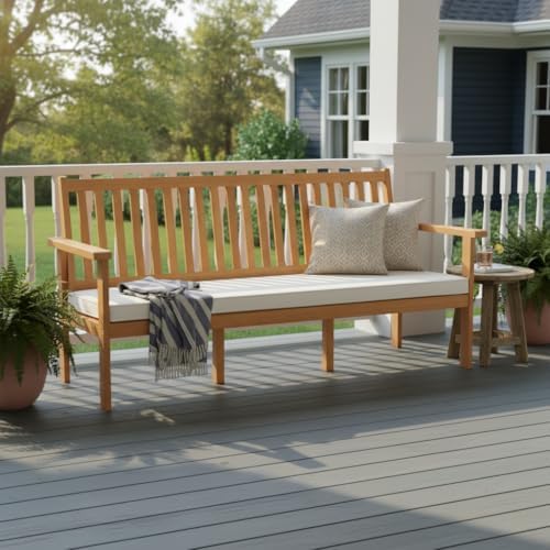 Tangkula 3-Seat Acacia Wood Outdoor Bench with Cushion, 64" Extra Long G...