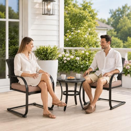 Grand patio 3 Pieces Bistro Set, Outdoor Wicker Table Set, Rocking Wicker Cha...